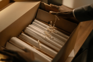 A box full of translated documents