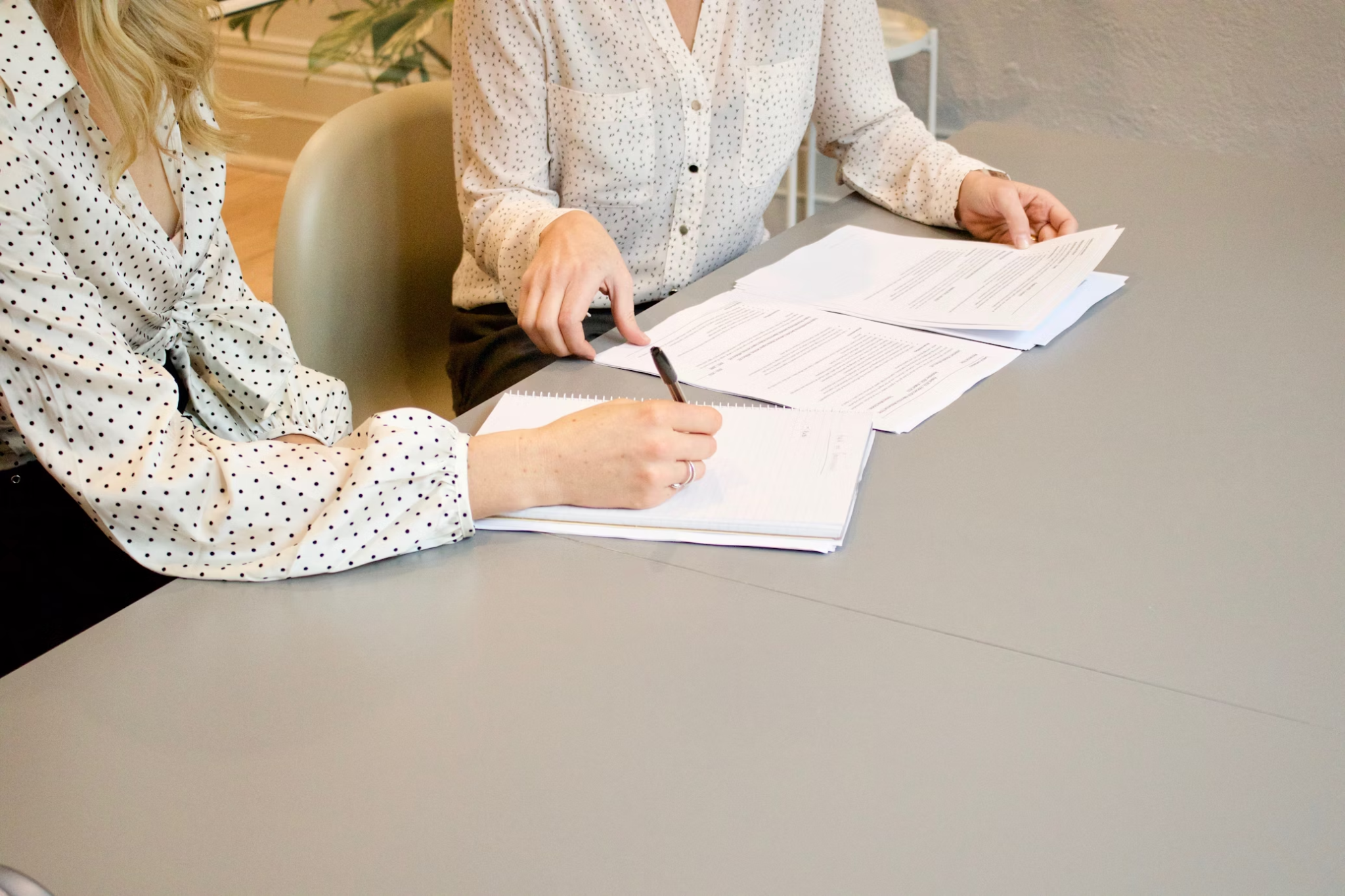 A professional shares notes with a translator.