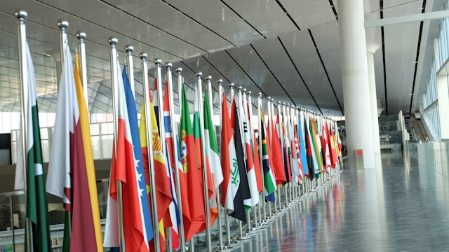 This photo shows many international flags in a row