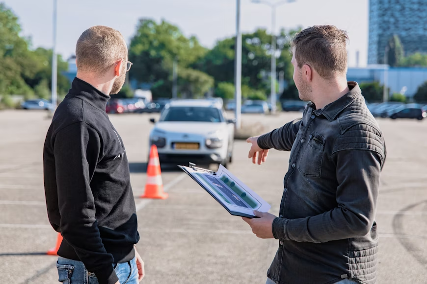 2 men pointing at a car  