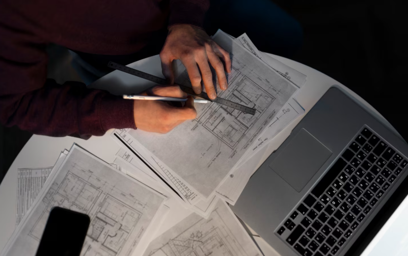 engineer reviewing technical manuals with diagrams and multilingual documentation for global clarity