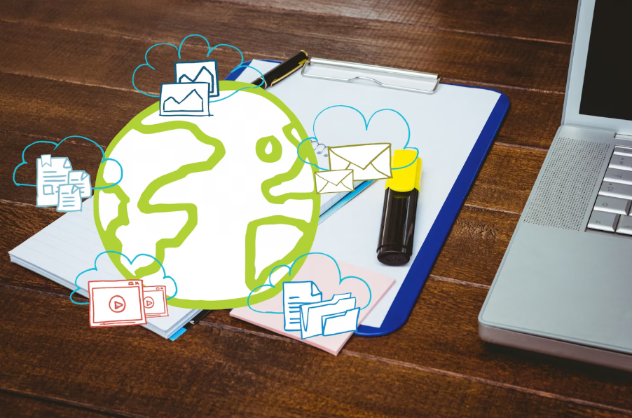 An illustrative image showing laptop and some media icons