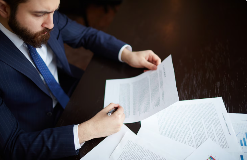 Expert translator reviewing paper documents for an accurate certified translation 