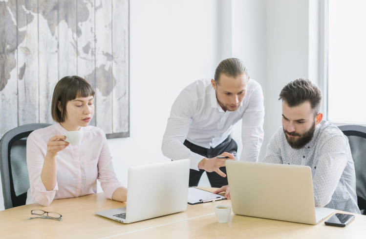 Professional translators working with a laptop in an office environment on document translation projects